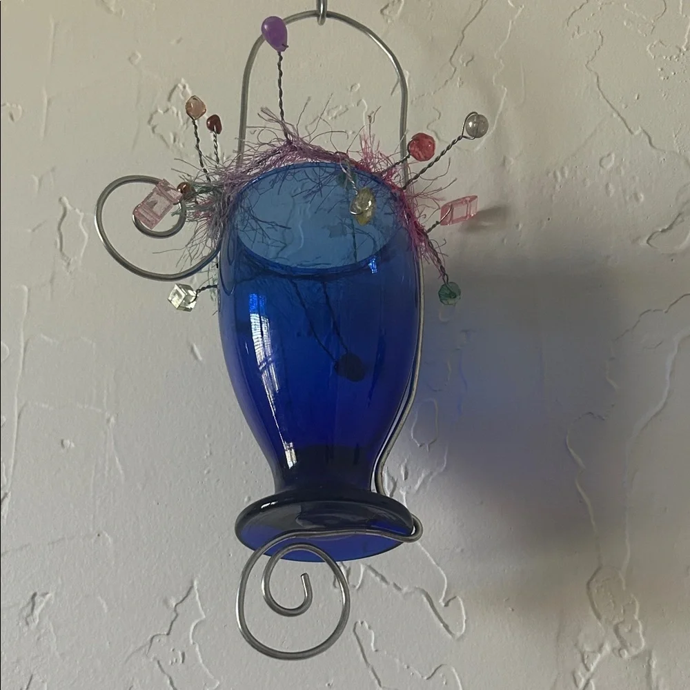 Blue Hanging Glass Vases with Wire Accents